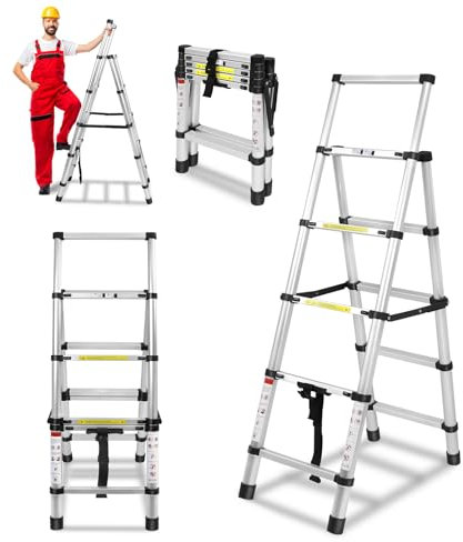 LZQ Teleskopleiter 1,4m+1,7m, Aluminium Klappleiter Ausziehleiter A-Rahmen 5+6 Stufen Mehrzweckleiter, Leiter Ausziehbar Stehleiter Rutschfester für Hochklettern, 150 kg Belastbarkeit