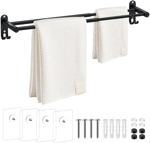 Tanice Towel Rack, Double Towel Rail Adjustable 40-70cm/15.75-27.56inch Towel Bar Wall-Mounted or Self-Adhesvie Towel Holder Black