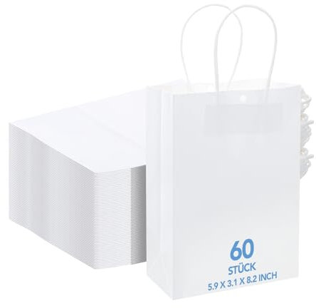 60 Stück Papiertüten mit Henkel Weiß, 15 x 8 x 21 cm Papiertragetaschen Klein Kraftpapiertüten Geschenktüten Klein mit Henkel für Geburtstag Hochzeit Babyparty Taufe Jubiläum Party DIY