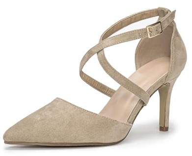 Hoefirm Womens Stiletto Pointed Toe Pumps Cross Strap Court Shoes High Heels Sexy Party Shoes Suede Nude Size 7