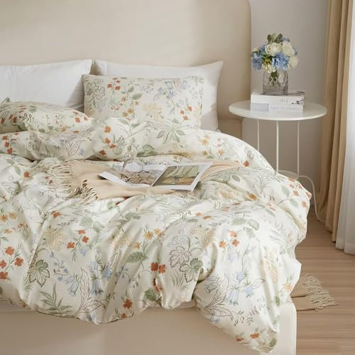 Nyescasa Bettwäsche 220x240 3 Teilig Beige Blumen Blätter Muster Bettwäsche-Set Pflanzen Botanisch Wendebettwäsche Bunt Weiche Mikrofaser Bettbezug mit Reißverschluss und 2 Kissenbezug 80x80cm