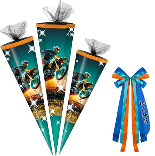 alles-meine.de GmbH Schultüte - mit 3D Glitzer - Effekt ! - BMX Motocross - Motorrad - 50-85 cm - Größe wählbar - inkl. Name + Verschluß-Schleife - Zuckertüte - Tüll Abschluß -..