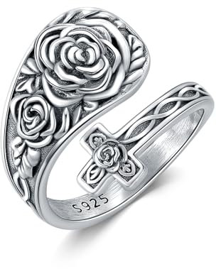 YFN Rose Flower Spoon Ring 925 Sterling Silver Vintage Rose Spoon Ring Jewellery Gift for Men Women
