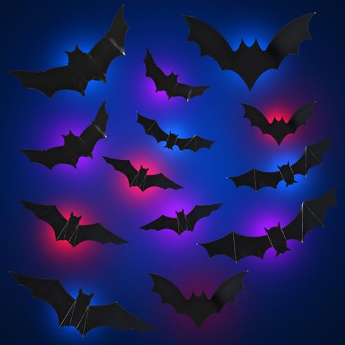 Halloween Deko Licht, 24 Stück Halloween Fledermäuse Deko innen mit LED Beleuchtung, 3D LED Fledermaus Leuchtend Wandaufkleber, Simulation Fledermaus Licht für Wandaufkleber Schlafzimmer,Wohnzimmer