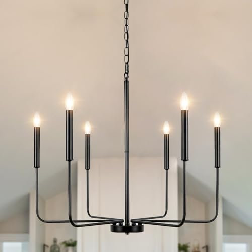 WTUOING Kronleuchter Schwarz, 6 Flammig Kronleuchter Modern Deckenleuchte Wohnzimmer Landhausstil Metall Pendelleuchte Höhenverstellbar Rustikal Hängelampe für Schlafzimmer, Küche, Esszimmer, Flur
