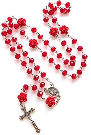 MDHQ Collier Chapelet en Rose Rouge Vintage Catholique Pendentif Croix Long Collier Bijoux Religieux pour Femmes Filles