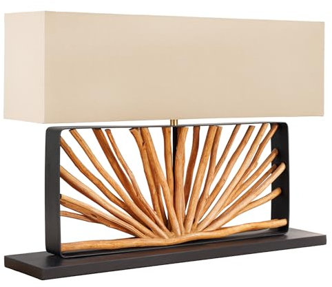 Riess Ambiente Handgefertigte Tischlampe Euphoria - 80cm - Natur Longanholz - beige mit Leinenschirm