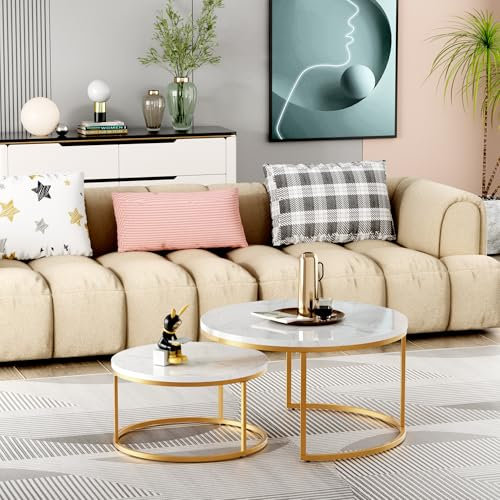 okwish Set mit 2 Runden Couchtischen, satztische fürs Wohnzimmer, Stapelbarer Sofatisch Mit Weiße MDF-Tischplatte und schwarzer Metallrahmen, Ideal für Wohnzimmer, Balkon und Büro, Weiß und Gold