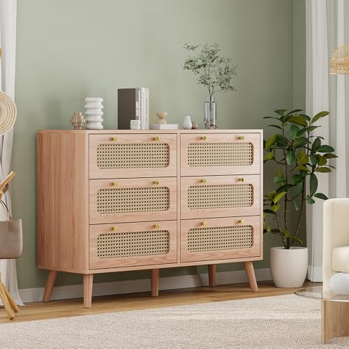 FOERPL Kommode mit 6 Schubladen, 100 x 34 x 73 cm, Kommode aus Holz und Rattan, Aufbewahrungsmöbel aus Holz für Büro, Wohnzimmer oder Schlafzimmer, PE-Rattan