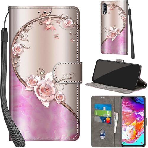 Handyhülle für Samsung Galaxy A70 Hülle Schmetterling | 3 Kartenfächer & 1 Geldfach, Magnetverschluss, Ständerfunktion, robuste premium PU leder klapphülle für Samsung A70