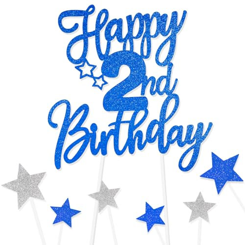 Royal Blue Happy 2nd Birthday Cake Toppers for Cake,Personalised Cake Toppers for Boy Men Girl Women Decorations,Glitter Cupcake Topper Cake Topper Kit 2nd Birthday Party Cake Decoration Supplies