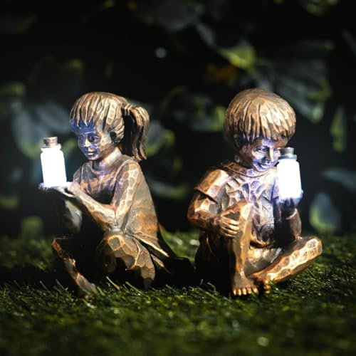 Garden Mile Solar Powered Garden Ornament Boy and Girl Figurines Fairy Solar Light Jar Firefly Resin Garden Decor Gardens Funny Novelty Gift Fairy Outdoor Gardens Patio Decor