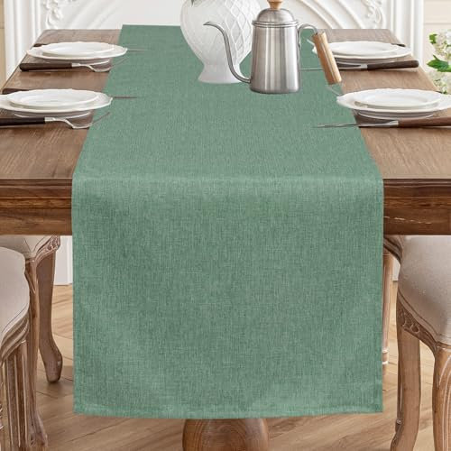 AooHome Tischläufer Grün 40X140cm, Tischdeko Leinen-Optik Abwaschbar Tischband aus Polyester Wasserabweisend mit Lotuseffekt, Dauerhaft Kratzfest für Esszimmer Hochzeiten Party Weihnachten