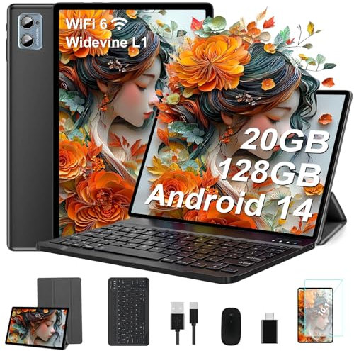JVVQTB Tablet Android 14 10 Inch Octa Core 22GB RAM + 128GB ROM (1TB TF) | 5G + 2.4G WiFi | GPS| FHD | Bluetooth 5.0 | 8000mAh | 8MP + 5MP | Type C, Keyboard and Mouse-Dark Black