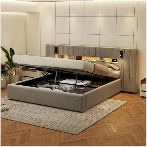 Zubaliya Lit Coffre 180 x 200 cm avec Port USB,éclairage LED et Lampe de Chevet,lit Double avec Espace de Rangement,Cadre de lit 180x200 avec sommier à Lattes,Velours (A-Gris 180)