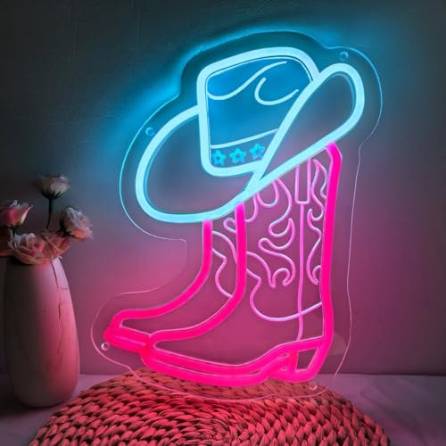 Cowboy Boot Neon Sign, Led Cowgirl Hat Neon Lights Sign for Wall Decor, Western Wall Art Cowboy Neon Sign for Game Room, Bedroom, Bar, Man Cave - Gifts for Rodeo Enthusiast, Birthday, Christmas