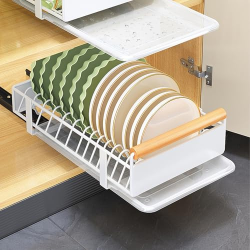 Cajón Telescópico con Cajones Extensibles, Organizador de Armario de Cocina, Escurridor de Platos Küche con Bandeja de Goteo para Cocinas y Salones, sin Agujeros, Blanco, 24 x 38 x 9 cm