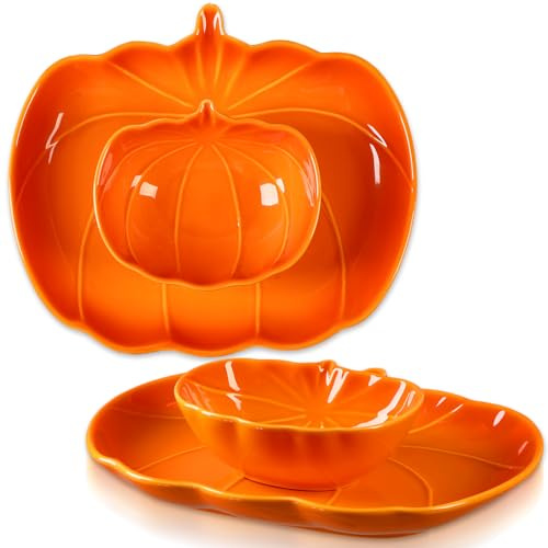 Tioncy Set di 4 ciotole e piatti a forma di zucca, in ceramica, per la tavola autunnale, per antipasti, dessert, snack, insalata, cottura, cucina, feste