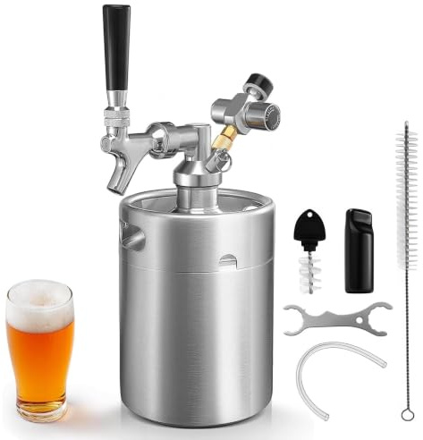 WELLBOM Mini-Fass-Growler mit 60 PSI Manometer, Wasserhahn-Set, 2 l | Edelstahl, Reglerhahn-Set, luftdichter Mini-Fassspender, Growler, tragbares Design für Heimbrauen, Bar, Party, Picknick