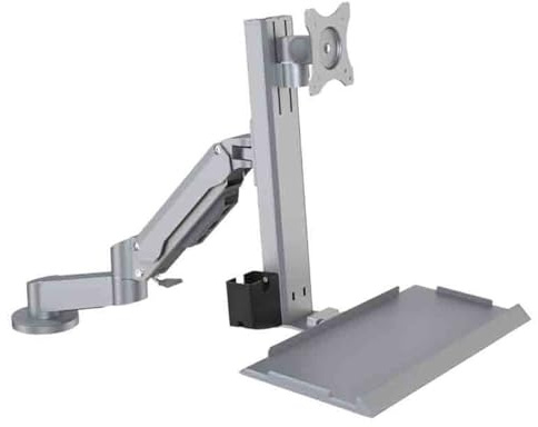 Workstations Silver Dual Arm Table Style Monitor Stand with A Standard Tray That Can Rotate Gaming rigs