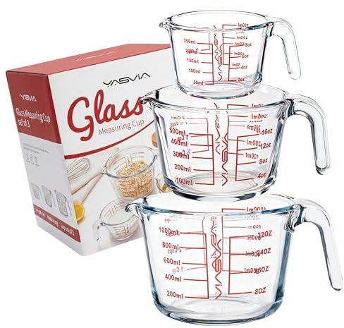 Yasvia Messbecher Set Glas 3-teilig (250ml, 500ml, 1000ml) – Messkrug aus hochwertigem Borosilikatglas – Hitzebeständig & Mikrowellengeeignet – Küchenmessbecher mit präziser Skala – Spülmaschinenfest