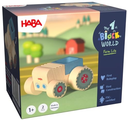 HABA My 1st Block World – Traktor Toni Holzspielzeug ab 2 Jahren | Mit variablem Baustein für HABA-Holzfigur, leicht zu schieben und angenehm zu greifen.