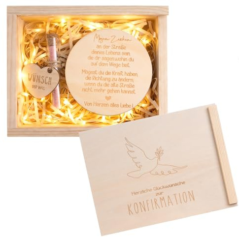 Konfirmation Geldgeschenk Verpackung, Holzkiste zur Konfirmation für Kinder - Geschenkbox mit Tauben Motiv(16 x 13 x 5 cm) | Holzschilder | Bast | Lichterketten | Reagenzgläser