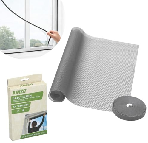 Kinzo Fliegengitter Fenster 130 x 150 cm - Insektenschutz mit Klettband Selbstklebend - Fliegen- und Mückennetz zum Zuschneiden - Waschbar bis 30°C - Für die Innenmontage - Inkl. 5,6 m Klettbandrolle
