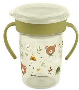 Miniland Sippy Cup 360 Explorer - Vaso de Aprendizaje 270 ml Antiderrame | Sistema 360° sin Boquilla | Con Asas Ergonómicas y Tapa | Personalizable | Apto para Lavavajillas