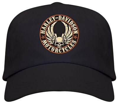 M. HARLEY Biker-Kappe für Herren, Totenkopf mit Flügeln, schwarz, Vintage, mit Totenkopf-Motiv