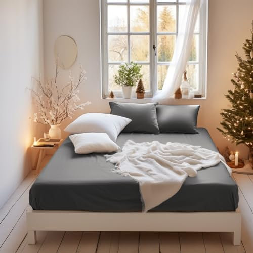 MOHAP Cooling King Size Fitted Sheet Grey with Extra Deep 16 inch 40 cm Pocket Bed Sheet Only Bedsheet Brushed Microfiber Bottom Sheet for King Bed 150x200 Grey