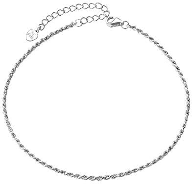 U7 Bracelet de Pied Argent 925/1000 Gourmette de Cheville Femme Chaîne Maille Corde Fine 1.6mm de Large