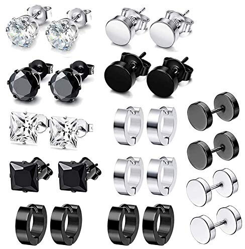 12 Pairs Men's Stainless Steel Earrings - Studs, Barbell, Ear Hoops for Men & Boys in Black