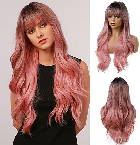 Esmee 24 Zoll Lange Lockige Haar Perücken für Frauen Ombre Farbe Schwarz bis Rosa Natürlich Synthetische Hitzebeständige Perücken mit Pony