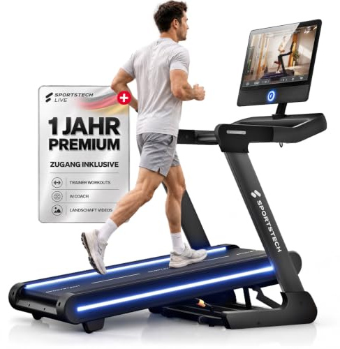 Sportstech Laufband für Zuhause klappbar leise, Laufband mit Steigung 12%, inkl.12 Monate App Premium-Mitgliedschaft, 150kg belastbar, bis 20 km/h, Display, LEDs, 7 PS Motor, Treadmill, sTread Pro