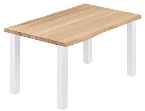LAMO Manufaktur Esstisch Küchentisch Schreibtisch Couchtisch aus Massivholz, mit Baumkante 120x80x76 cm (AxBxH), Classic, Natur/Weiss, LEB-01-A-002-9016Cl