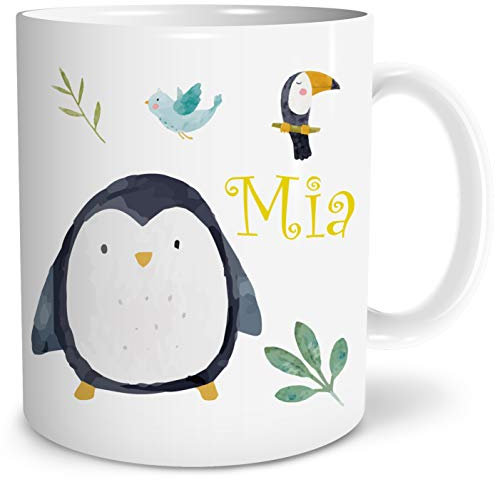 OWLBOOK® Personalisierte Tasse für Kinder Personalisiert Safari Pinguin Kinder Geschenke Geschenkideen für Kinder Junge Mädchen zum Geburtstag Schulanfang Kindertasse Keramik 300 ml