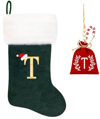 Eoocan 50.8 cm Monogramm Weihnachtsstrümpfe, grüner Samt mit weißem super weichem Plüsch, bestickt, Weihnachtsstrümpfe, personalisierte Weihnachtsstrumpf-Dekorationen für die Familie, Urlaub