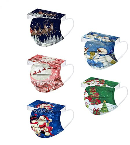 Jiabing 50Stück Erwachsene Einweg Mundschutz 3D Druck Weihnachtsmotiv Mund Nasenschutz Halstuch Maske Lustig Elch Motiv Weihnachtsmaske Einmal MNS Tücher Staubdicht Bandana Schals Herren Damen