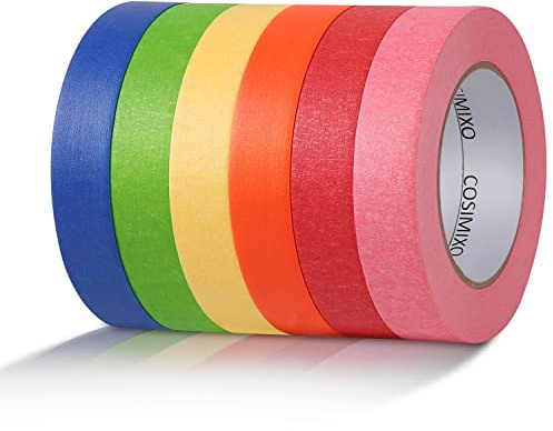 COSIMIXO 6-Pack Colored Masking Tape 0.94 Inch x 60yds of Colorful Craft Tape – Vibrant Rainbow Color Teacher Tape, Great for Art, Lab, Labeling & Classroom Decorations