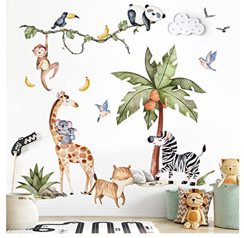 Grandora Wandtattoo Wandsticker Kinderzimmer Safaritiere Affen Wandaufkleber Wanddeko Zebra Sticker Babyzimmer Giraffe Spielzimmer Wandbild Tiger Aufkleber DL767-4