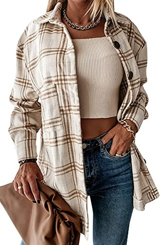 HVEPUO Veste chemise à carreaux Shacket à manches longues Chemisier Manteau en flanelle, A marron, XXL