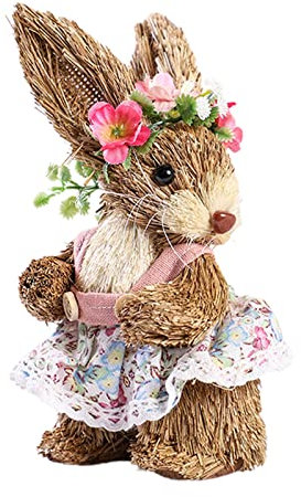 Blanketswarm Figurine de lapin de Pâques, lapin debout en paille tissée, décoration de table pour jardin et maison, Rose/avec Fleur, 10 x 9 x 15cm