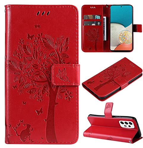 VEEMOS Handyhülle für Samsung Galaxy A53 5G Hülle Klappbar Katze-Baum mit Kartenfach Klapphülle Schutzhülle Handy Tasche Leder Book Flip Case Cover Handytasche Damen - Rot