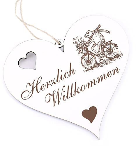 Herzlich Willkommen Schild - Frosch auf Fahrrad - Deko Herz Holz Willkommensschild Türschild Dekoschild Türdeko