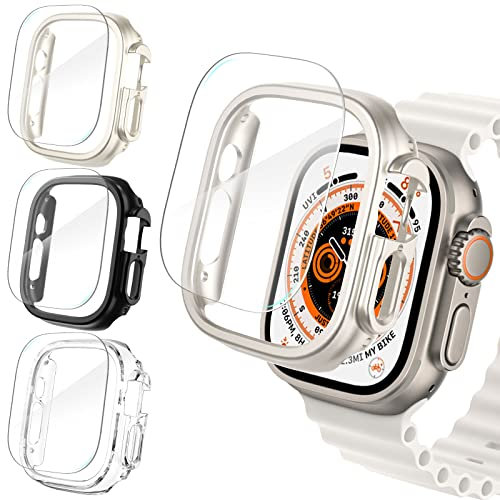 Fullife Confezione da 3 pellicole protettive rigide compatibili per Apple Watch Ultra da 49 mm, antiurto per iWatch Ultra,3 cover protettiva+3 pellicole in vetro temperato (nero/starlight/trasparente)