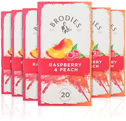 Brodies Raspberry & Peach Flavor Tag & Envelope - 6 Tea Boxes of 20 Tea Bags (120 Tea Bags in total) - Beautiful fusion of taste and colour. Caffeine Free