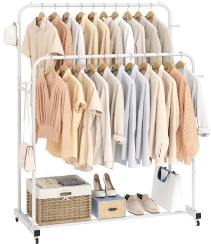 Laiensia Portant à vêtements double avec roulettes, portant à vêtements pour suspendre des vêtements, 4 crochets, porte-vêtements multifonction pour chambre à coucher, blanc