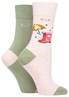 ELLE Ladies Bamboo Patterned and Plain Socks Pack of 2 Meadow Patterned 4-8