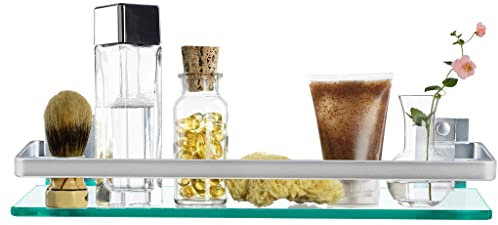 Skelang Badezimmer-Regal, Wandregal, 38,5 × 11,5 cm, Wandregal aus Glas mit Metallstange, für Badezimmer